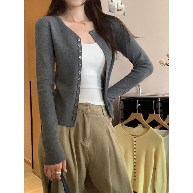 Long Sleeve V-Neck Plain Slim-Fit Cardigan