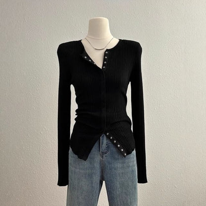 Long Sleeve Scoop Neck Plain Slim-Fit Cardigan