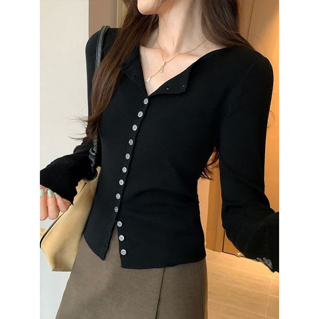 Long Sleeve V-Neck Plain Slim-Fit Cardigan