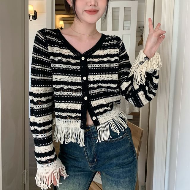 Bell Sleeve V-Neck Striped Crochet-Knit Tassel Cardigan