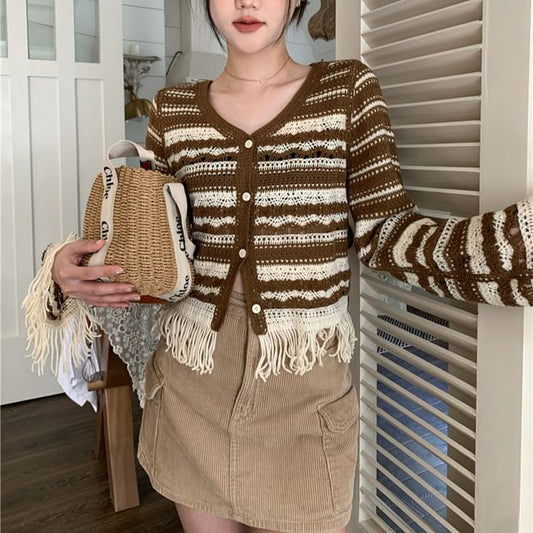 Bell Sleeve V-Neck Striped Crochet-Knit Tassel Cardigan