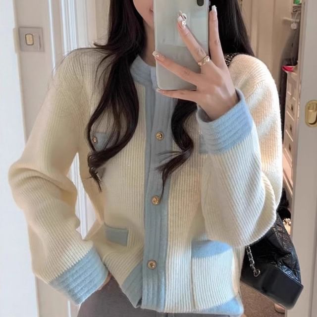 Round Neck Two Tone Cardigan