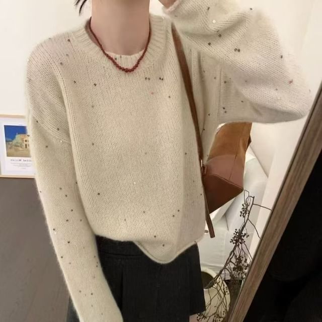 Sequin-Embellished Plain Crewneck Pullover Sweater