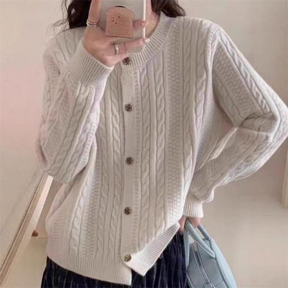 Round Neck Plain Cable Knit Cardigan