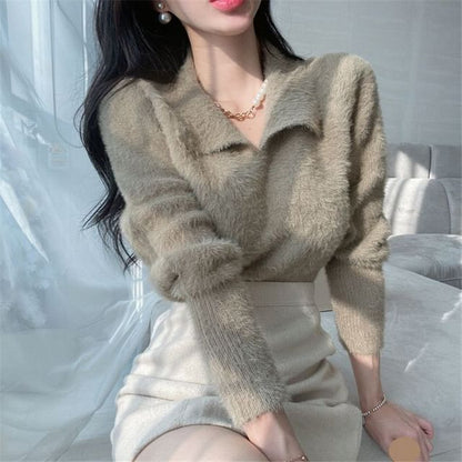 Long-Sleeve Collar Fluffy Knit Top in Solid Color