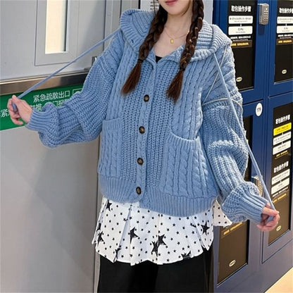 Plain Drawstring Hooded Cable Knit Cardigan