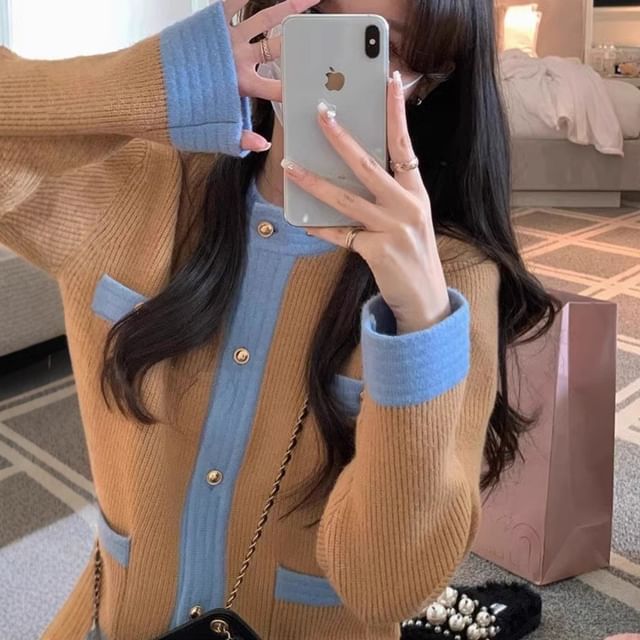 Round Neck Two Tone Cardigan