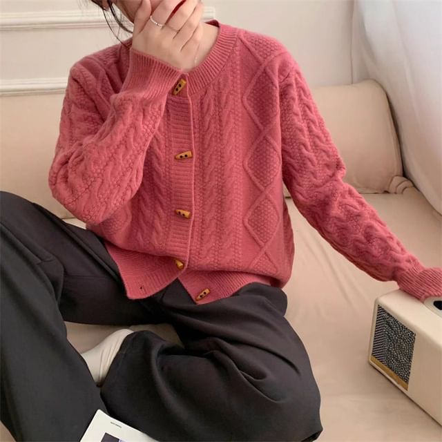 Round Neck Plain Cable Knit Toggle Cardigan