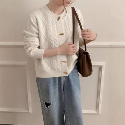 Round Neck Plain Cable Knit Toggle Cardigan