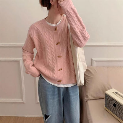 Round Neck Plain Cable Knit Toggle Cardigan