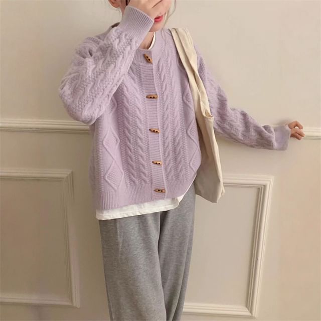 Round Neck Plain Cable Knit Toggle Cardigan