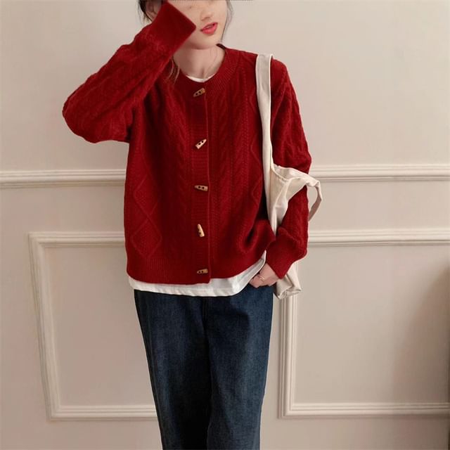 Round Neck Plain Cable Knit Toggle Cardigan