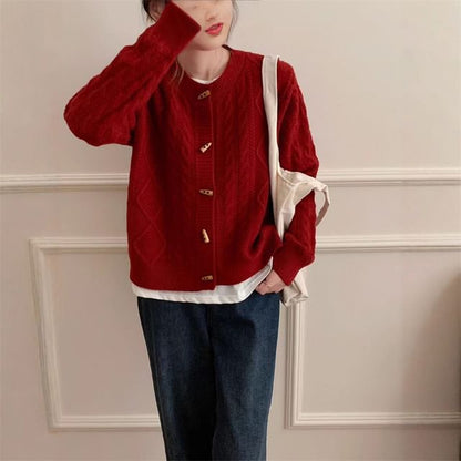 Round Neck Plain Cable Knit Toggle Cardigan