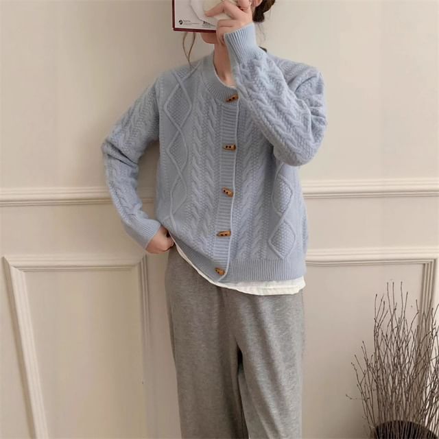 Round Neck Plain Cable Knit Toggle Cardigan