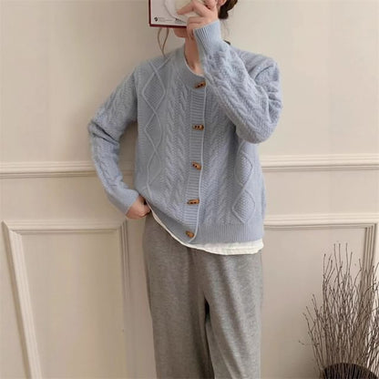 Round Neck Plain Cable Knit Toggle Cardigan