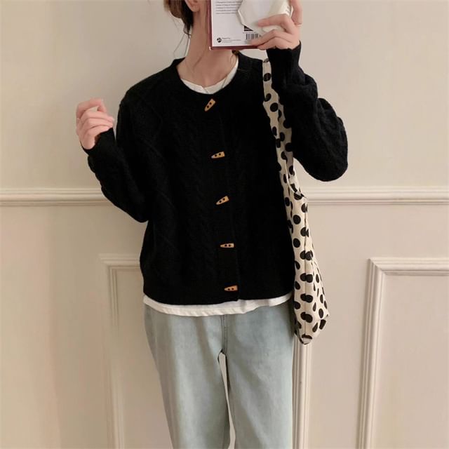 Round Neck Plain Cable Knit Toggle Cardigan