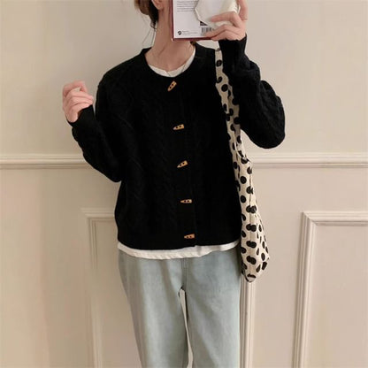 Round Neck Plain Cable Knit Toggle Cardigan