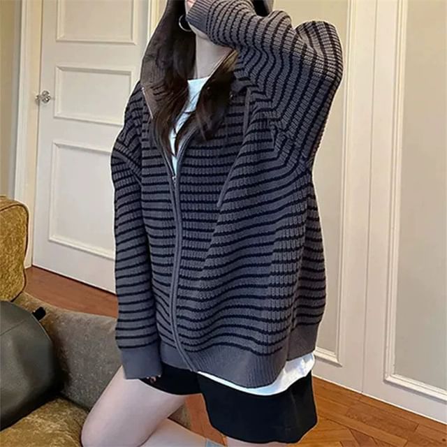 Striped Drawstring Hooded Zip Cardigan