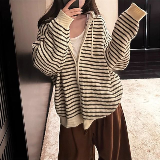 Striped Drawstring Hooded Zip Cardigan