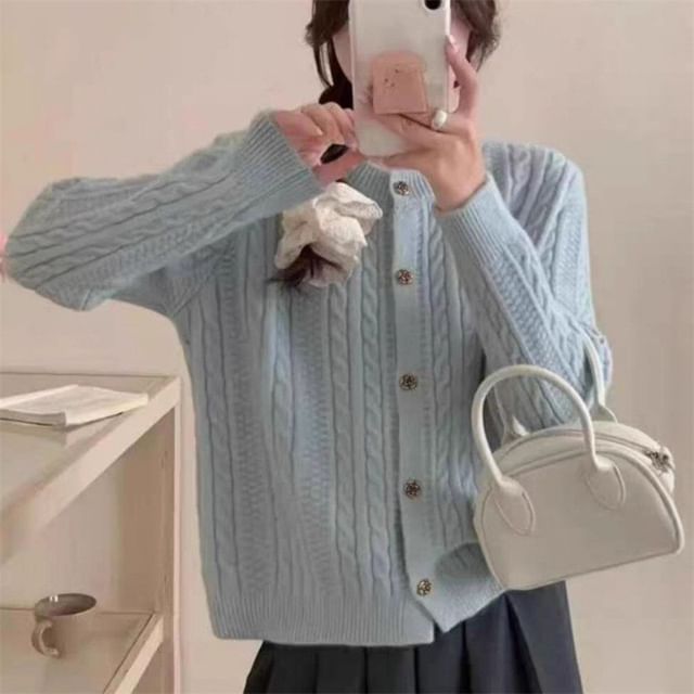 Round Neck Plain Cable Knit Cardigan