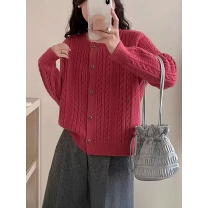 Round Neck Plain Cable Knit Cardigan