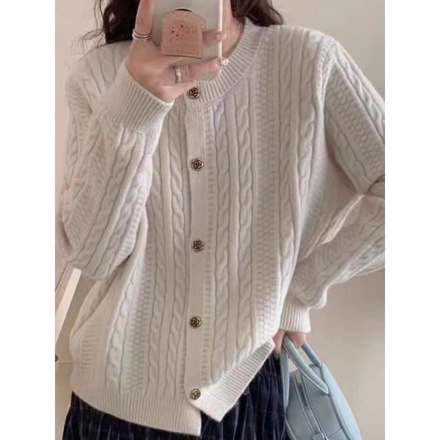 Round Neck Plain Cable Knit Cardigan