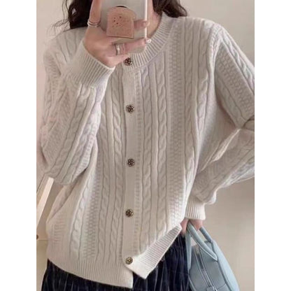 Round Neck Plain Cable Knit Cardigan