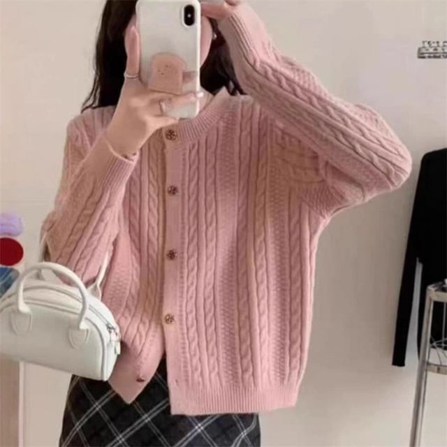 Round Neck Plain Cable Knit Cardigan