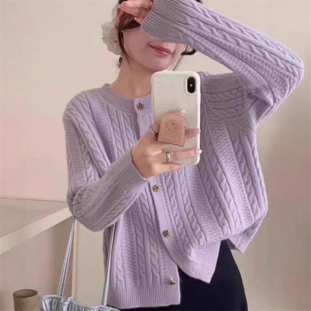 Round Neck Plain Cable Knit Cardigan