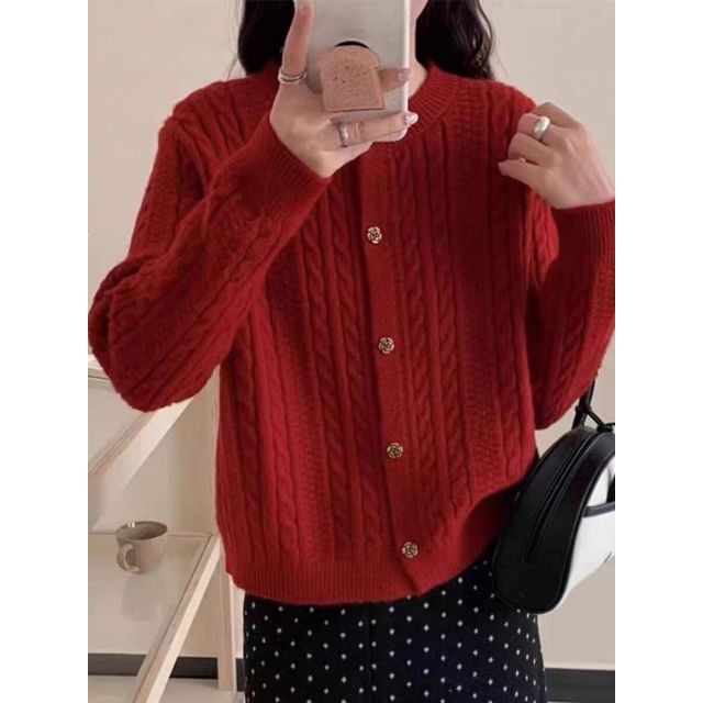 Round Neck Plain Cable Knit Cardigan