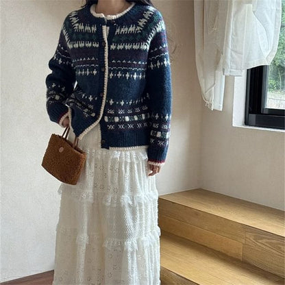 Round Neck Jacquard Contrast Trim Cardigan