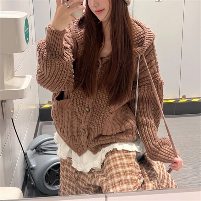 Plain Drawstring Hooded Cable Knit Cardigan