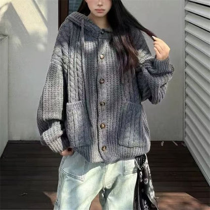 Plain Drawstring Hooded Cable Knit Cardigan