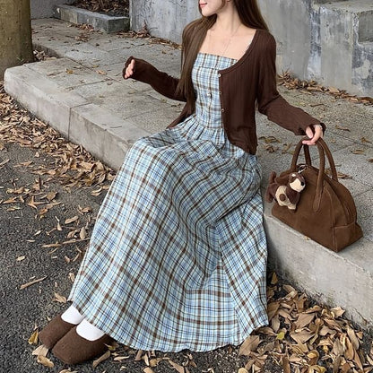 Plain Crop Cardigan / Sleeveless Plaid Midi A-Line Dress