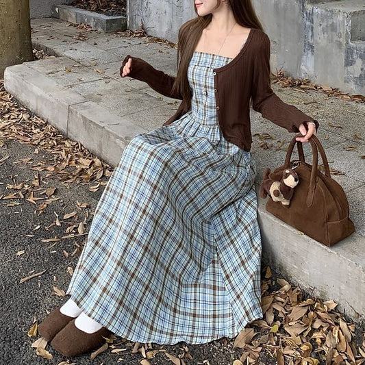 Plain Crop Cardigan / Sleeveless Plaid Midi A-Line Dress