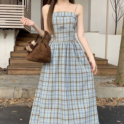 Plain Crop Cardigan / Sleeveless Plaid Midi A-Line Dress