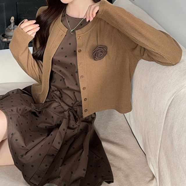 Button-Up Plain Cardigan / Sleeveless Dotted Mini A-Line Dress