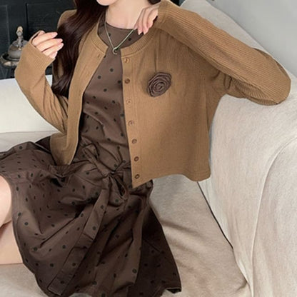 Button-Up Plain Cardigan / Sleeveless Dotted Mini A-Line Dress