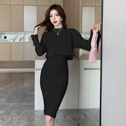 Mock Neck Ribbed Knit Top & Elastic Waist Pencil Skirt Set