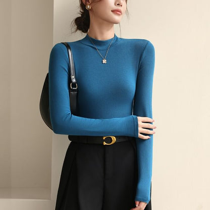 Mock-Neck Solid Long-Sleeve T-Shirt