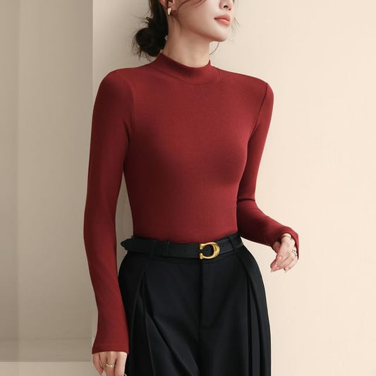 Mock-Neck Solid Long-Sleeve T-Shirt