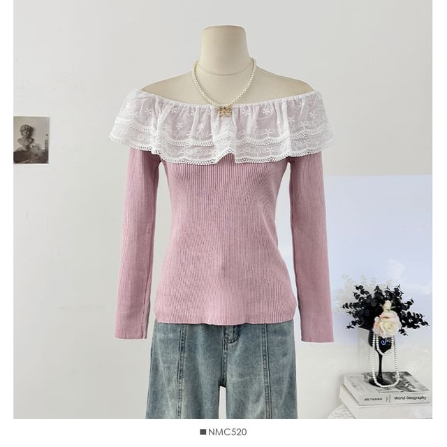 Off-Shoulder Lace Panel Ribbed-Knit Long Sleeve Top