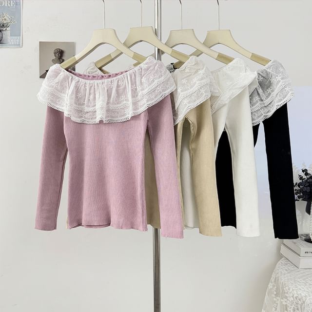 Off-Shoulder Lace Panel Ribbed-Knit Long Sleeve Top
