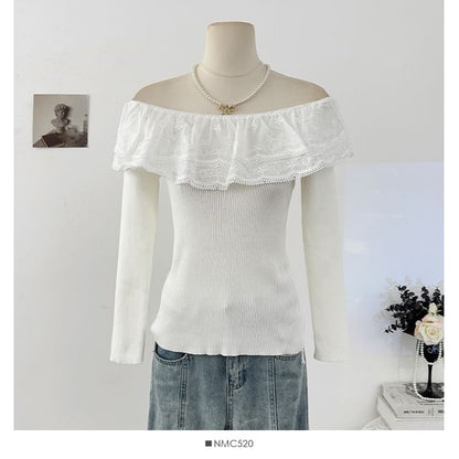 Off-Shoulder Lace Panel Ribbed-Knit Long Sleeve Top