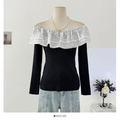 Off-Shoulder Lace Panel Ribbed-Knit Long Sleeve Top