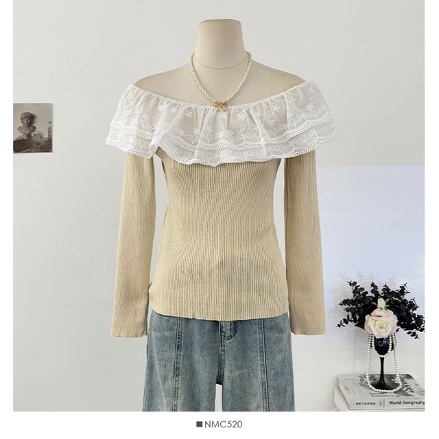 Off-Shoulder Lace Panel Ribbed-Knit Long Sleeve Top