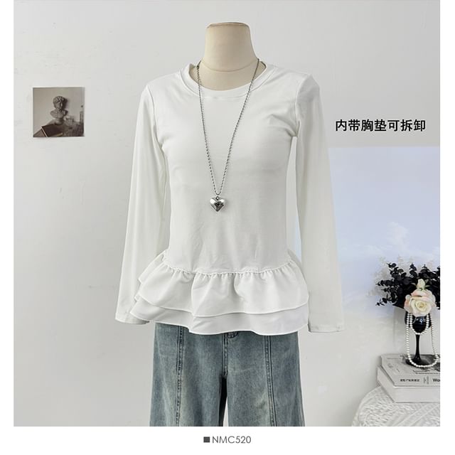 Color-Block Crew Neck Fitted Top with Ruffled Hem