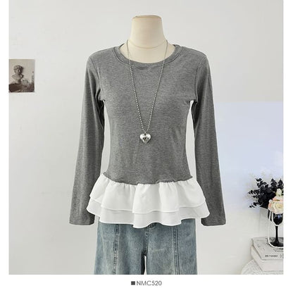 Color-Block Crew Neck Fitted Top with Ruffled Hem