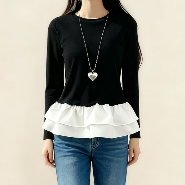 Color-Block Crew Neck Fitted Top with Ruffled Hem