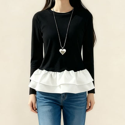 Color-Block Crew Neck Fitted Top with Ruffled Hem